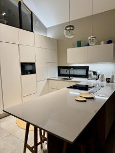 una cucina con una grande isola al centro di Aurora Arctic Riverside Villa a Rovaniemi