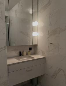 un bagno bianco con lavandino e specchio di Room in modern downtown apt with private bathroom a Reykjavik