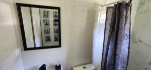 bagno con specchio e tenda per la doccia di Cabañas Puelche a Liquiñe