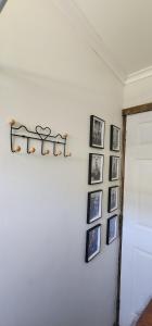 Un muro con un mucchio di foto su un muro di Cabañas Puelche a Liquiñe