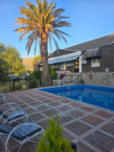 a palm tree and a swimming pool in front of a house at Hotel Uritorco in Capilla del Monte