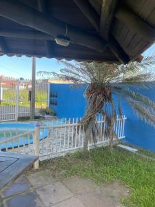 a palm tree sitting next to a white fence at Casa com piscina in Tramandaí
