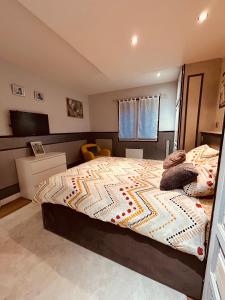 ein Schlafzimmer mit einem großen Bett in einem Zimmer in der Unterkunft Maison spacieuse avec grand jardin Cosne-sur-Loire in Saint-Père + 13 Fotos