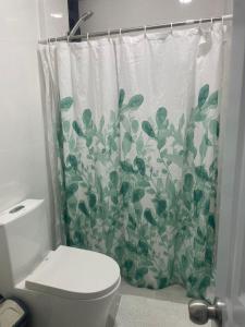 a bathroom with a shower curtain with a toilet at Mayra House habitación independiente cerca del aeropuerto las Américas TAXI DISPONIBLE in Andrés