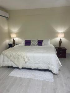 a bedroom with a large white bed with two lamps at Mayra House habitación independiente cerca del aeropuerto las Américas TAXI DISPONIBLE in Andrés