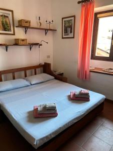 una camera da letto con un letto con due cuscini sopra di Grangia in borgo antico a Bardonecchia