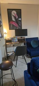 een woonkamer met een bureau en een blauwe bank bij Work & Family Haven in Ashford