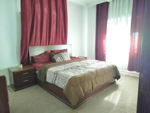 安曼طبربور的带床、梳妆台和窗户的卧室