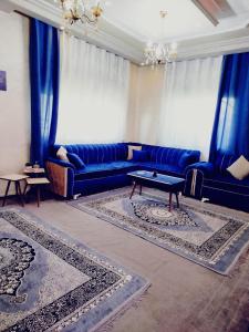 安曼طبربور的客厅配有蓝色的沙发和蓝色的窗帘