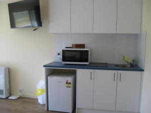 a kitchen with a counter with a microwave and a refrigerator at Delegate Galley Cabin in Delegate