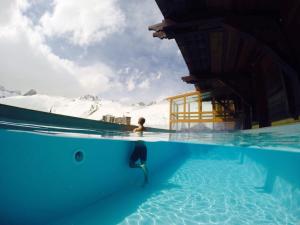 a person swimming in a pool with a penguin in the water at Hôtel les Campanules by Les Etincelles in Tignes