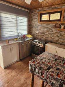 een keuken met een fornuis, een wastafel en een tafel bij Departamento Mar y Viento in Pichilemu