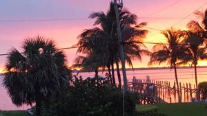 een zonsondergang boven de oceaan met palmbomen bij Oceanfront 3BR/2BA with Jacuzzi in Vero Beach in Sebastian