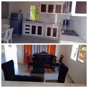 twee foto's van een keuken en een woonkamer bij Hermosa casa de campo in Juana Vicenta