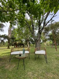 twee stoelen en een tafel voor een boom bij La Dorada Inn in Luján