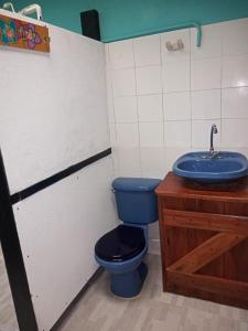 een badkamer met een blauw toilet en een wastafel bij Paz y Tranquilidad in Marsella