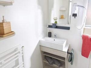 ein Badezimmer mit einem weißen Waschbecken und einem Spiegel in der Unterkunft Mobil-home confortable avec terrasse à Saint-Gérons - API-1-52-1311 in Saint-Étienne-Cantalès + 13 Fotos