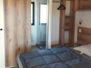 ein Schlafzimmer mit einem Bett und einer Glasschiebetür in der Unterkunft Mobil-home confortable avec terrasse à Saint-Gérons - API-1-52-1311 in Saint-Étienne-Cantalès