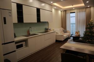 a kitchen and living room with a christmas tree in it at Hoàng Huy Commerce Võ Nguyên Giáp Enny Homestay in An Khê