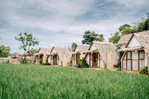 a row of houses with grass at BAMBOO Shack & BAMBOO Cabin in Bukittinggi