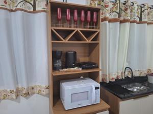 een keuken met een magnetron op een plank naast een wastafel bij Studio Litorâneo para Relaxar in Governador Celso Ramos