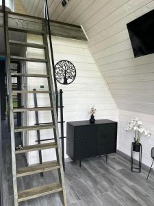 a wooden ladder in a room with a television and a table at Серце Карпат in Skole