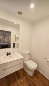 un bagno con un water, un lavandino e uno specchio di Carramar Motor Inn a Palmerston North Altre 94 foto