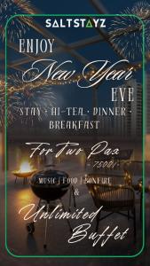 a poster with a picture of a restaurant with palm trees at Saltstayz Trinity - Chandigarh Mohali in Mohali