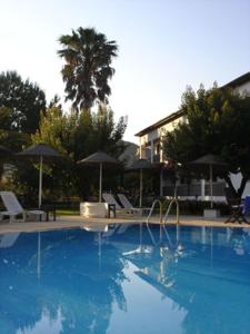 a large swimming pool with chairs and umbrellas at Villa Rhapsody Pension in Kayakoy