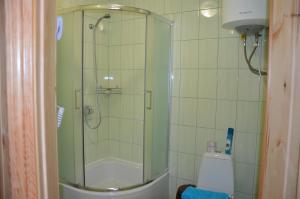 a shower with a glass door in a bathroom at Pelican City in Vylkove