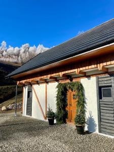 een huis met een houten deur en twee potplanten bij The White House in Şirnea