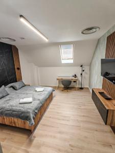 una camera da letto con un letto grande e una scrivania di 44roomsMarghita a Marghita Altre 7 foto