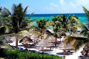 a beach with umbrellas and palm trees and the ocean at Select Club at Sandos Caracol All Inclusive - Adults Only Area in Playa del Carmen