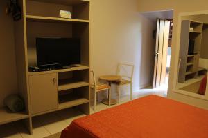 um quarto com uma televisão e um quarto com uma cama em Pousada Canto do Sabiá - Pirenópolis em Pirenópolis