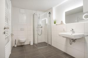 a bathroom with a shower and a sink and a toilet at Seeluft Olpenitz in Olpenitz +17 photos