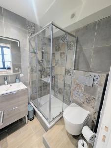 een badkamer met een douche, een toilet en een wastafel bij Studio cosy et équipé proche Paris in Saint-Leu-la-Forêt