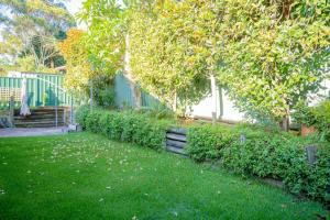 a garden with a fence and trees and green grass at Paws & Palms Hideaway in Nelson Bay
