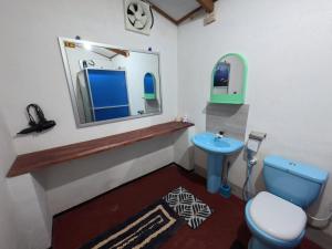 een badkamer met een blauw toilet en een spiegel bij Little House Inn Anuradhapura in Anuradhapura +28 foto's