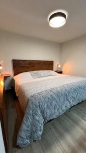 a bedroom with a large bed with a wooden headboard at Casa Margarita in Pátzcuaro