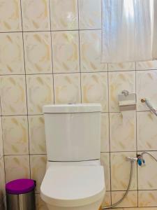 een wit toilet in een badkamer met een betegelde muur bij Kingston apartment in Kigali
