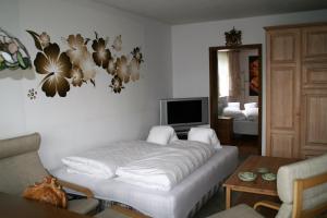 Sala de estar con cama y TV en Ferienwohnung Jauß, en Baierbrunn