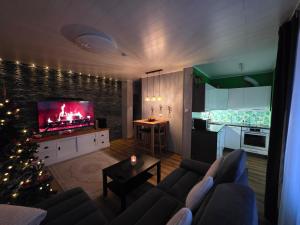 een woonkamer met een bank en een tv en een kerstboom bij Green- Guest Apartment- Tapa in Taps