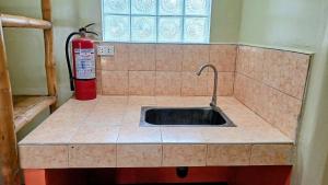 a kitchen with a sink and a fire extinguisher at Suki Beach Resort Beachfront Cottage in Santa Magdalena +29 photos
