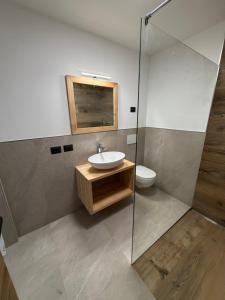 ein Badezimmer mit Waschbecken und Toilette in der Unterkunft Chalet La Viola in Alba di Canazei
