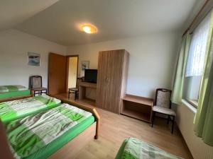 een slaapkamer met 2 bedden, een bureau en een televisie bij Ferienwohnungen Wiedemann WE 1 in Mellenthin