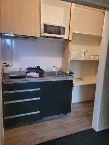 een keuken met een spoelbak en een magnetron bij Villa in Bellevue in Tauranga