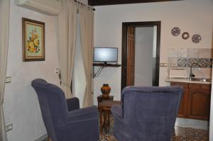 a living room with two blue chairs and a television at Casa de las Remigias in Estepona
