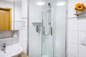 un bagno bianco con doccia e lavandino di Angie's Ferienapartment a Lichtenfels Altre 23 foto