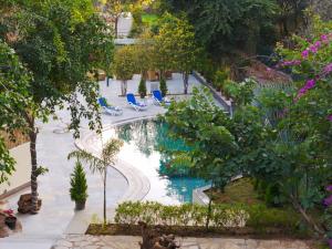a swimming pool in a resort with chairs and trees at SaffronStays Grand Pavilion in Udaipur