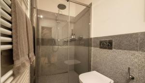 a bathroom with a glass shower with a toilet at Paradiso di Grosio - mansarda con vista montagne in Grosio